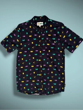 Tipsy Elves Button Up Shirt Mens L Black Mardi Gras Mask Party Festival Casual
